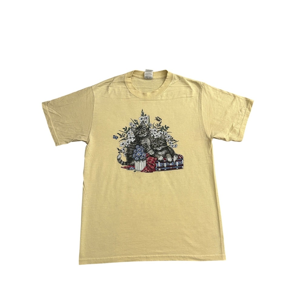 Jerzees Kitten Floral Graphic TShirt Unisex Medium Yellow Excellent Short Sleeve